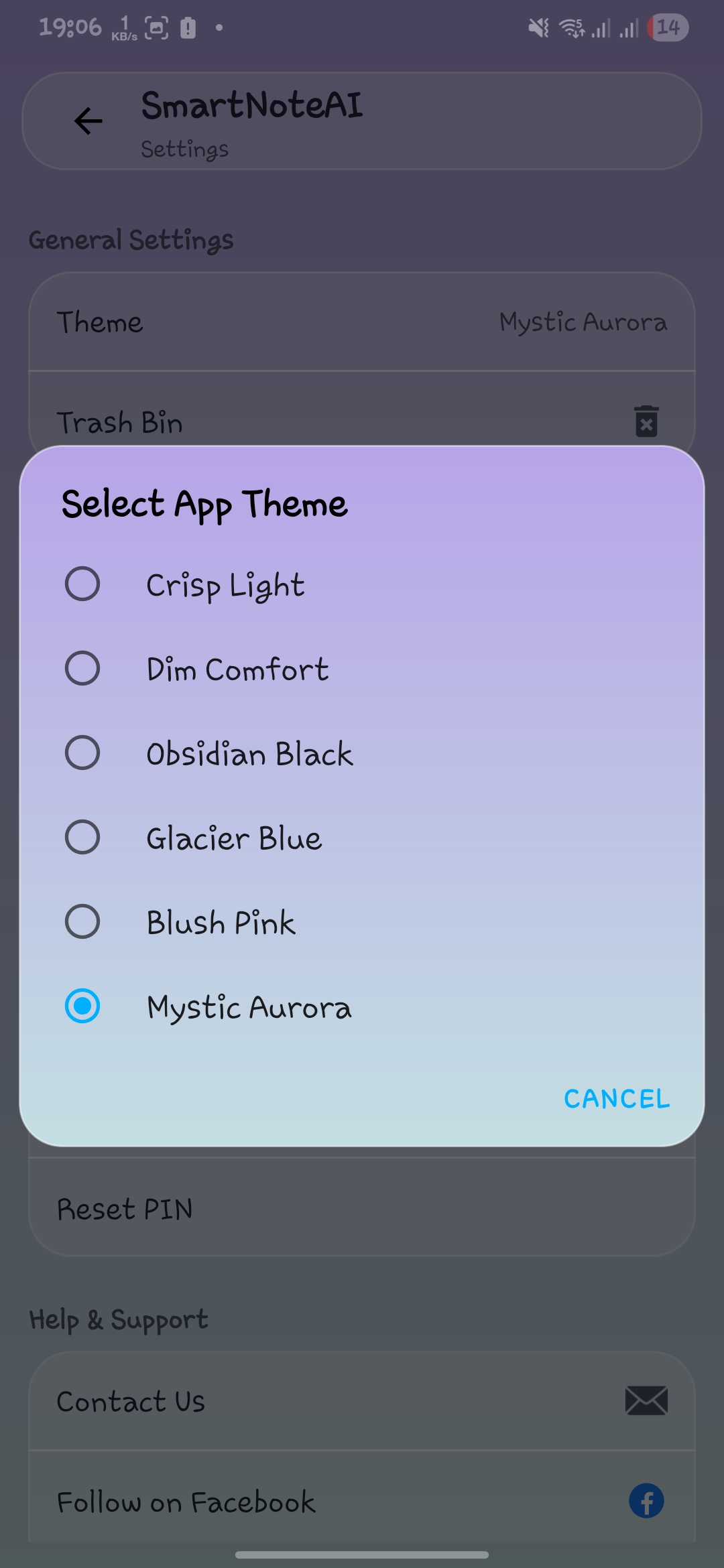 NoteXify app theme selection dialog